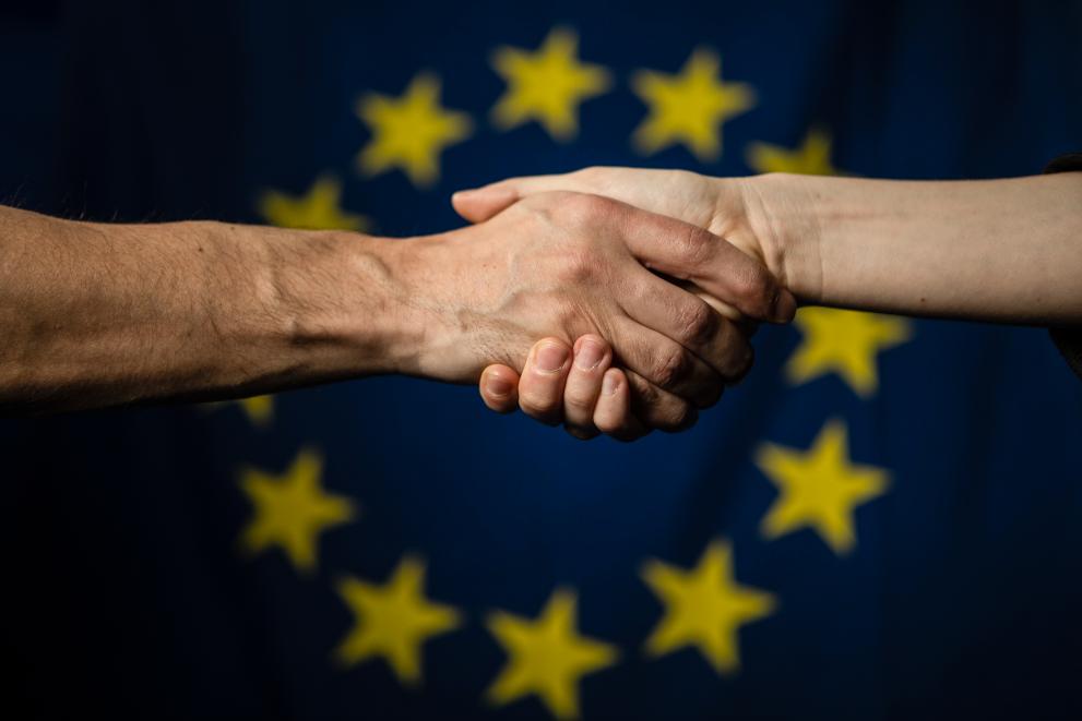 European flag and symbolic handshake