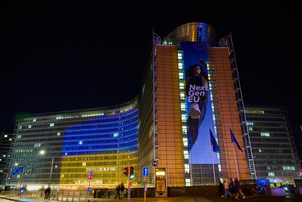 Berlaymont building illuminated in blue and yellow in support of Ukraine