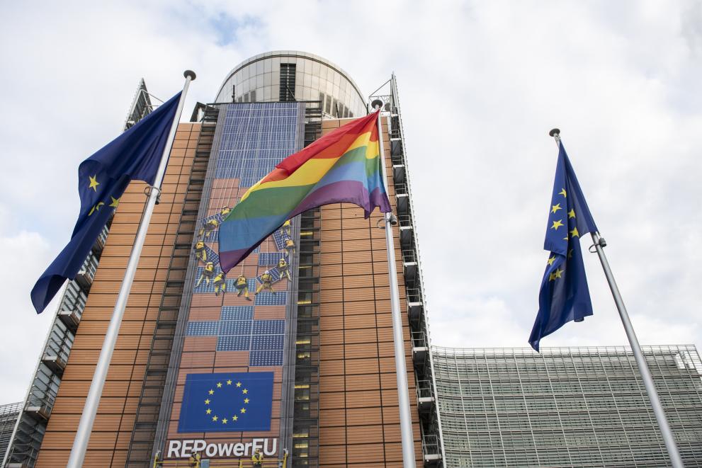 The rainbow flag in front of the Berlaymont building on the occasion of the International Day Against Homophobia, Transphobia and Biphobia (IDAHOT) 2023