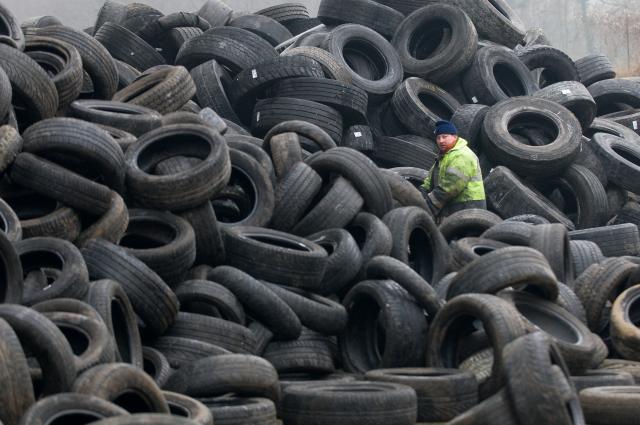 A factory recycling whole waste tyres into crumb rubber